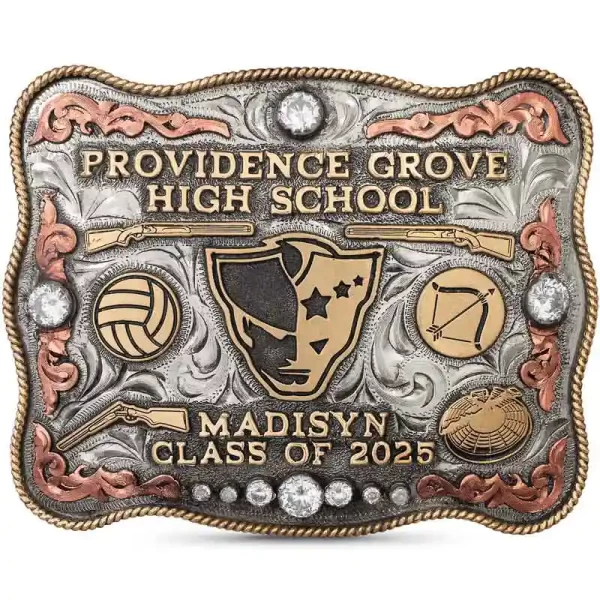 "The Crowley Belt Buckle is perfect to add customizations that represent your activities and lifestyle! It is crafted on a hand-engraved, German Silver base with a light antique finish. Detailed with a Jeweler's Bronze rope edge, cubic zirconia stone